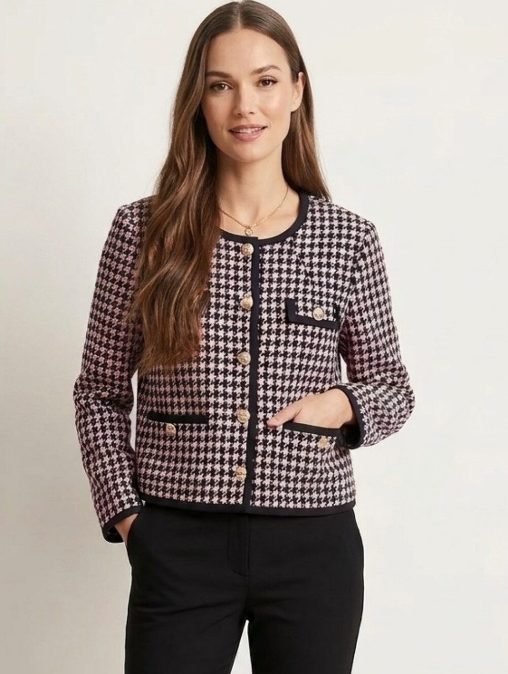 Ann Taylor Houndstooth Tweed Button-Front Jacket in Black & Pink Size 10